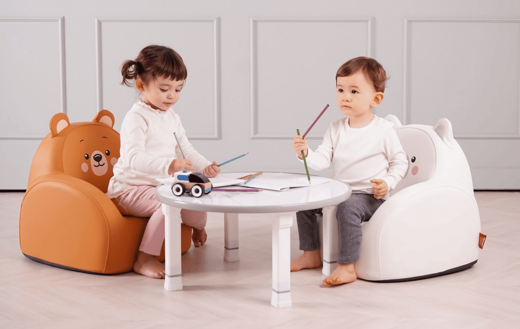 Children having fun using Dwinguler Bear Friends Luxury Leather Kids Sofa